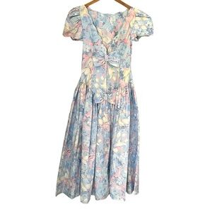 Vintage 80's Alfredo Angelo Bow Maxi Midi Dress Pastel Sz S Floral Baby Doll